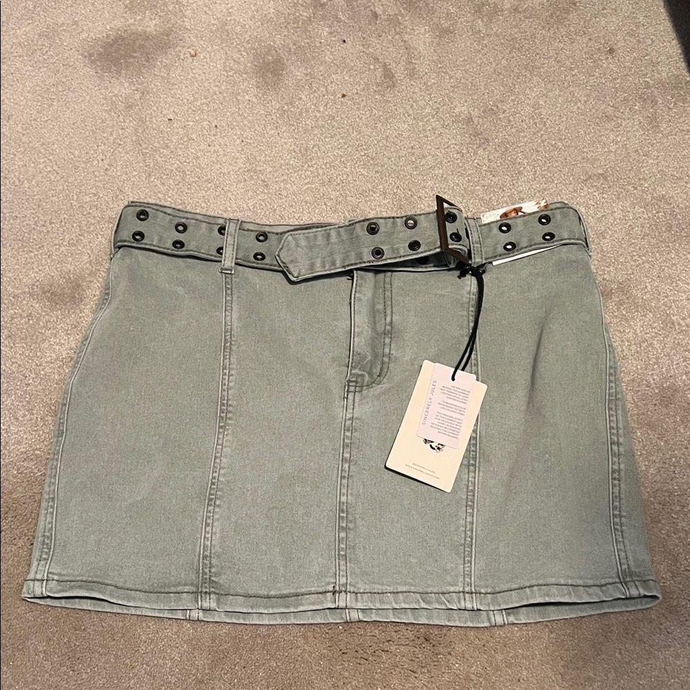 Sincerely Jules Sage Green Belted Denim Mini Skirt - Size 7 NWT